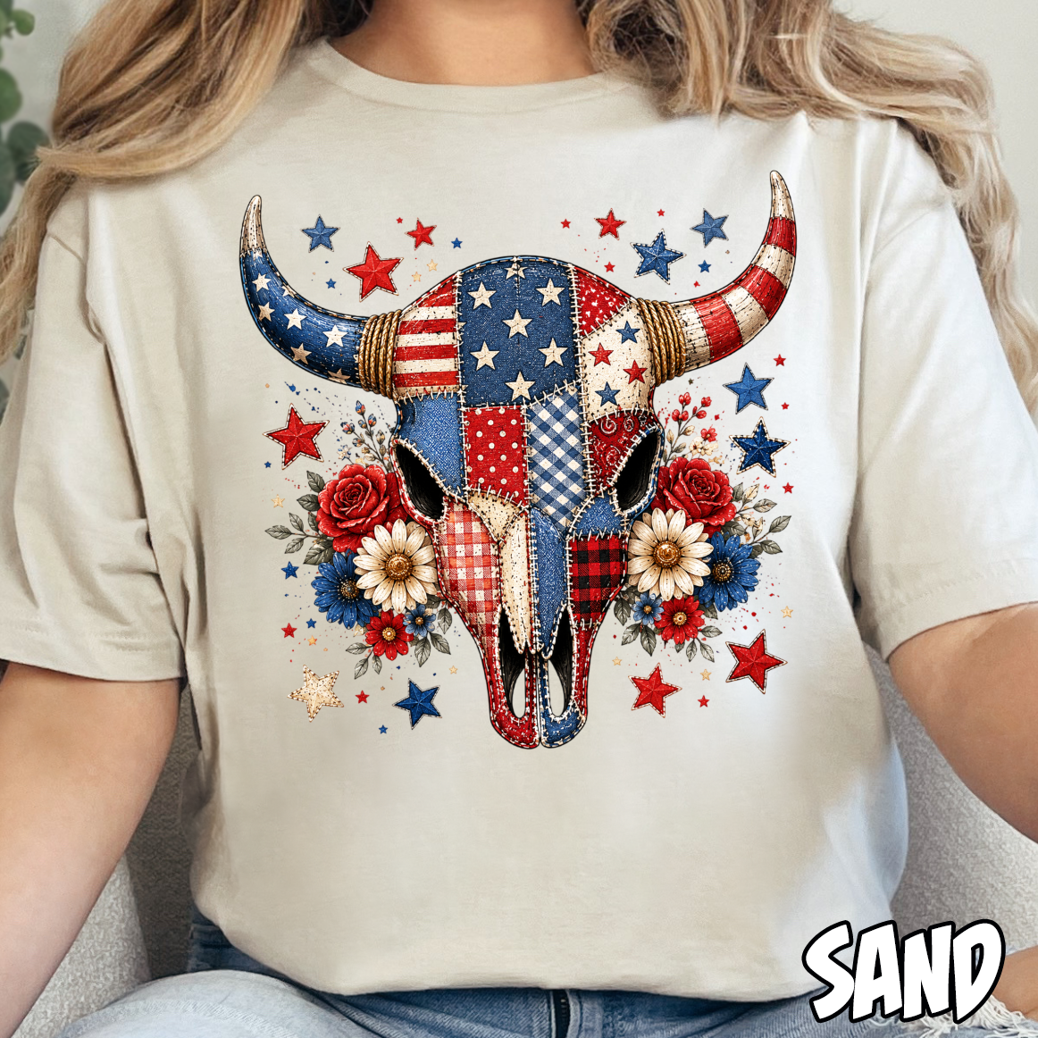 Patriotic Patchwork Skull- Full Color DTF Transfer