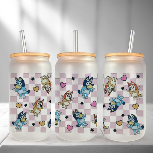 Pink Checkered Blue Dog UV DTF- 16oz Cup Wrap