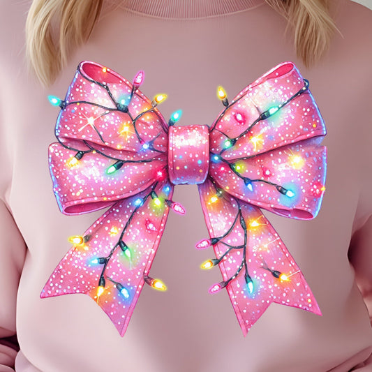 Pink Glitter Christmas Bow- 11" wide DTF Transfer