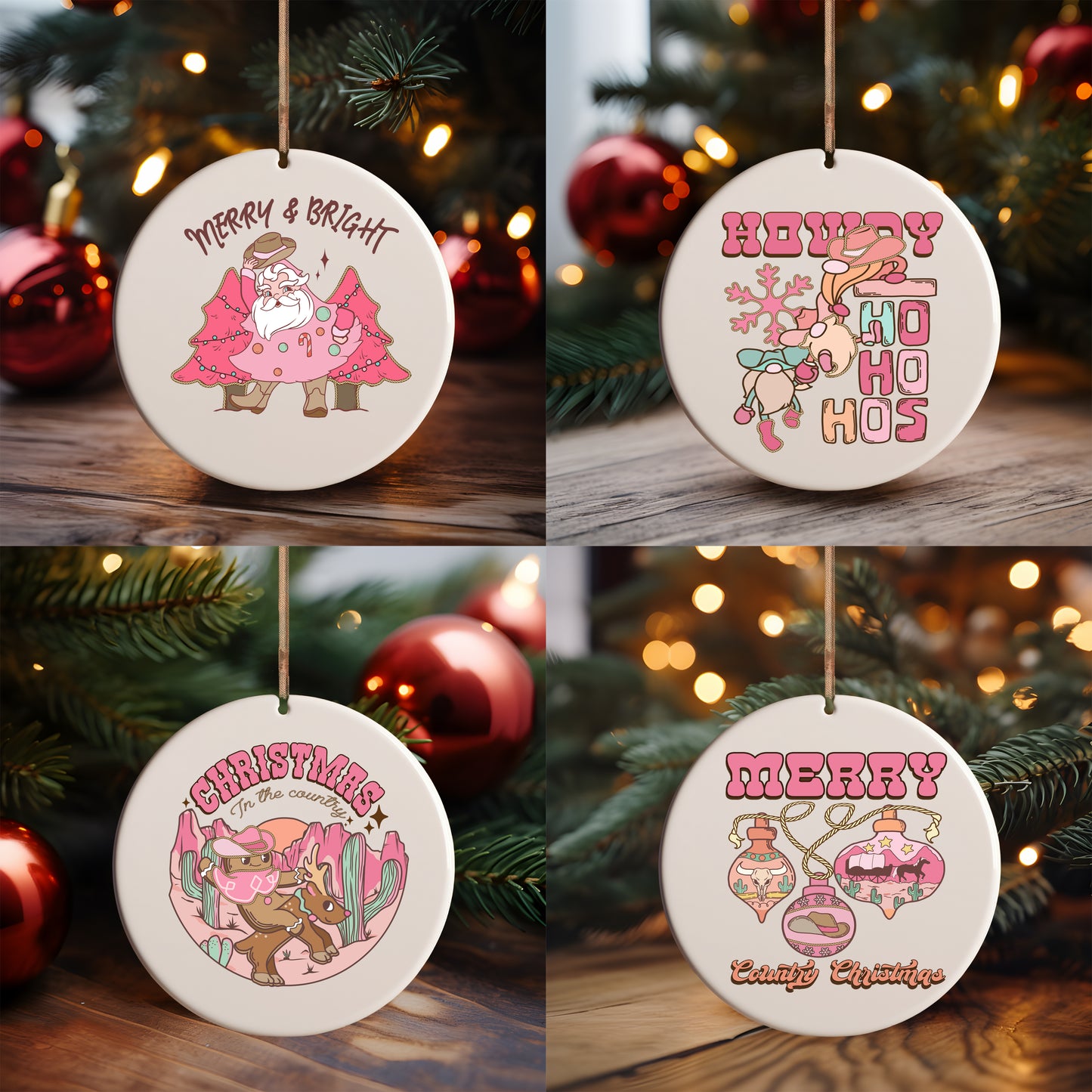 Pink Country Christmas Ornaments UV DTF (Pack of 12)- 2.5" wide