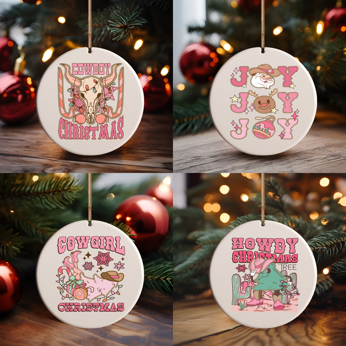 Pink Country Christmas Ornaments UV DTF (Pack of 12)- 2.5" wide