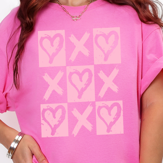 XOXO Tic-Tac-Toe- Single Color (pink)- 9" wide x 12.5" tall Screen Print Transfer