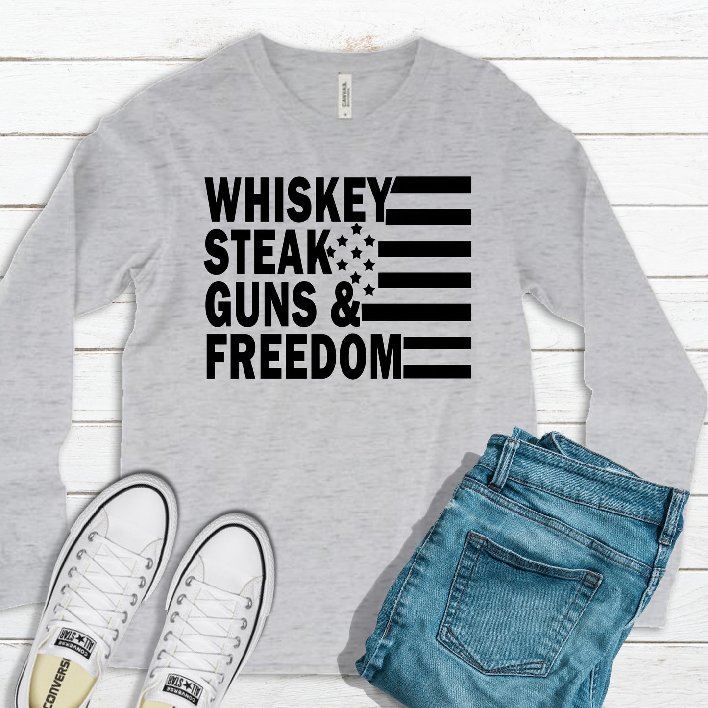 Whiskey, Steak, Guns & Freedom- Single Color (black)- 11" wide Plastisol Screen Print Transfer